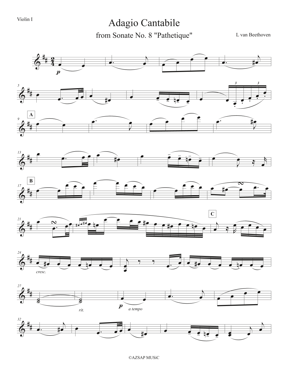 Adagio Cantabile from Sonate No. 8 "Pathetique" op. 13 score preview, page 1