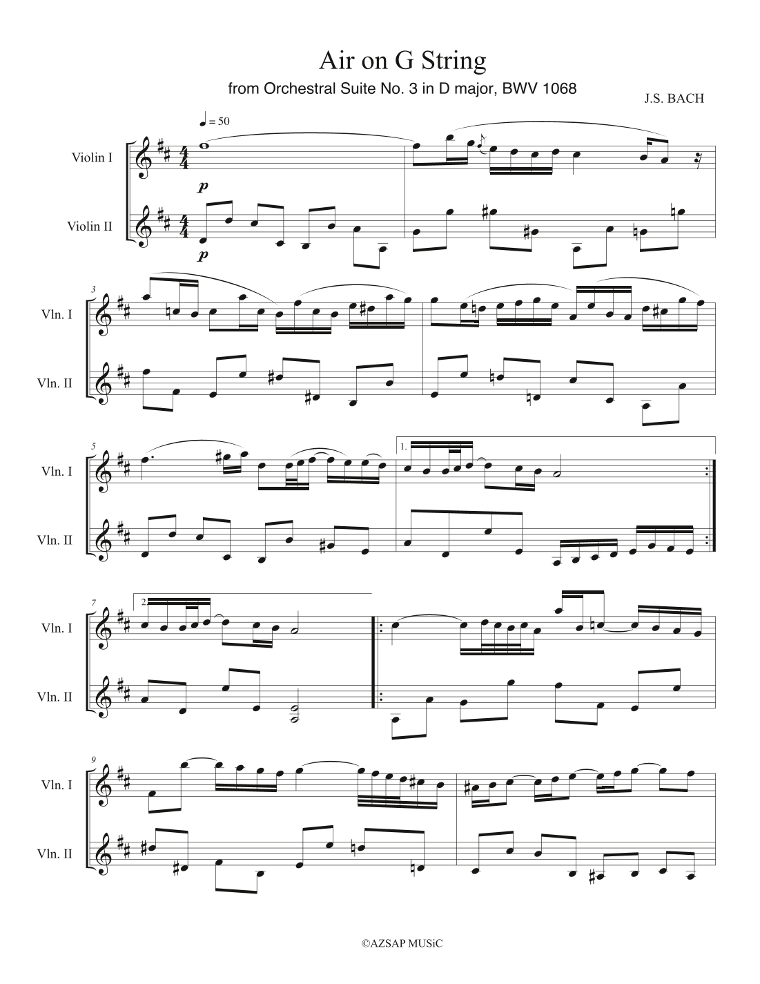 Air on G String from Orchestral Suite No. 3 in D major, BWV 1068 score preview, page 1