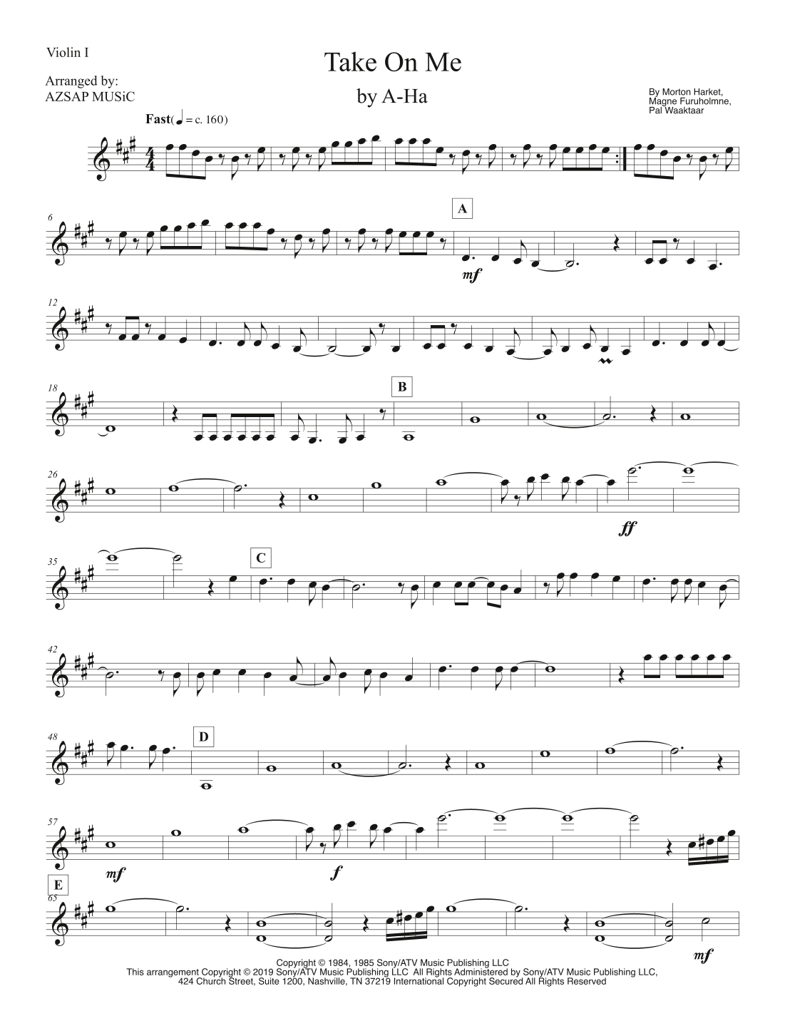 Take On Me score preview, page 1